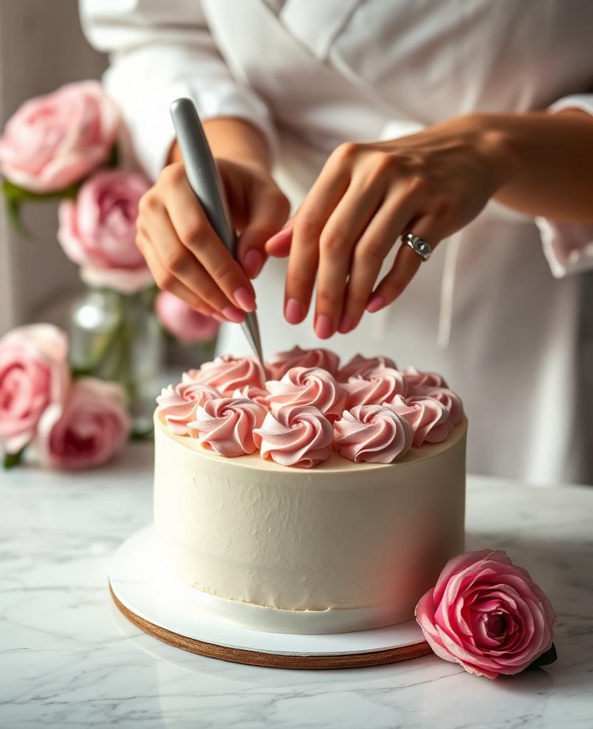 Sugar.Bloom artisan piping buttercream rosettes on a cake